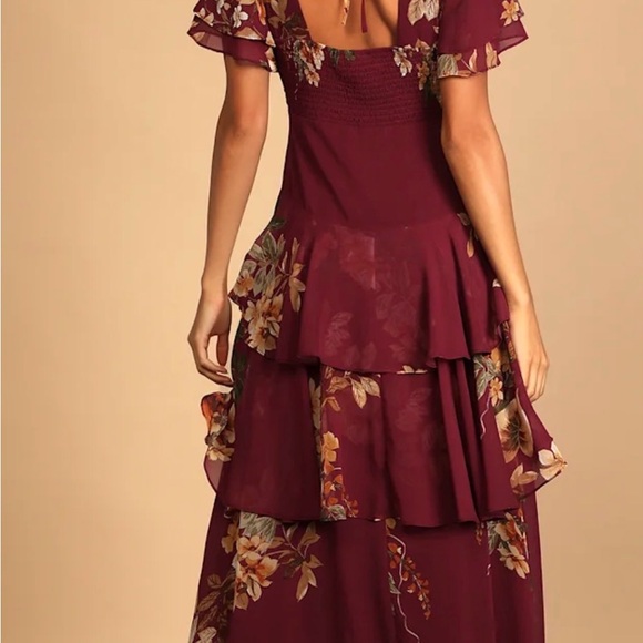 Lulu's Midnight Mood Burgundy Floral Tiered Maxi Dress - Size M Romantic Formal - Picture 3 of 8